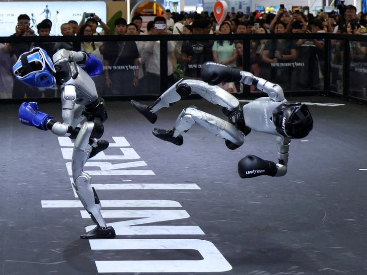 Humanoid robots by Unitree kickboxing at the 2026 World Robot Conference.