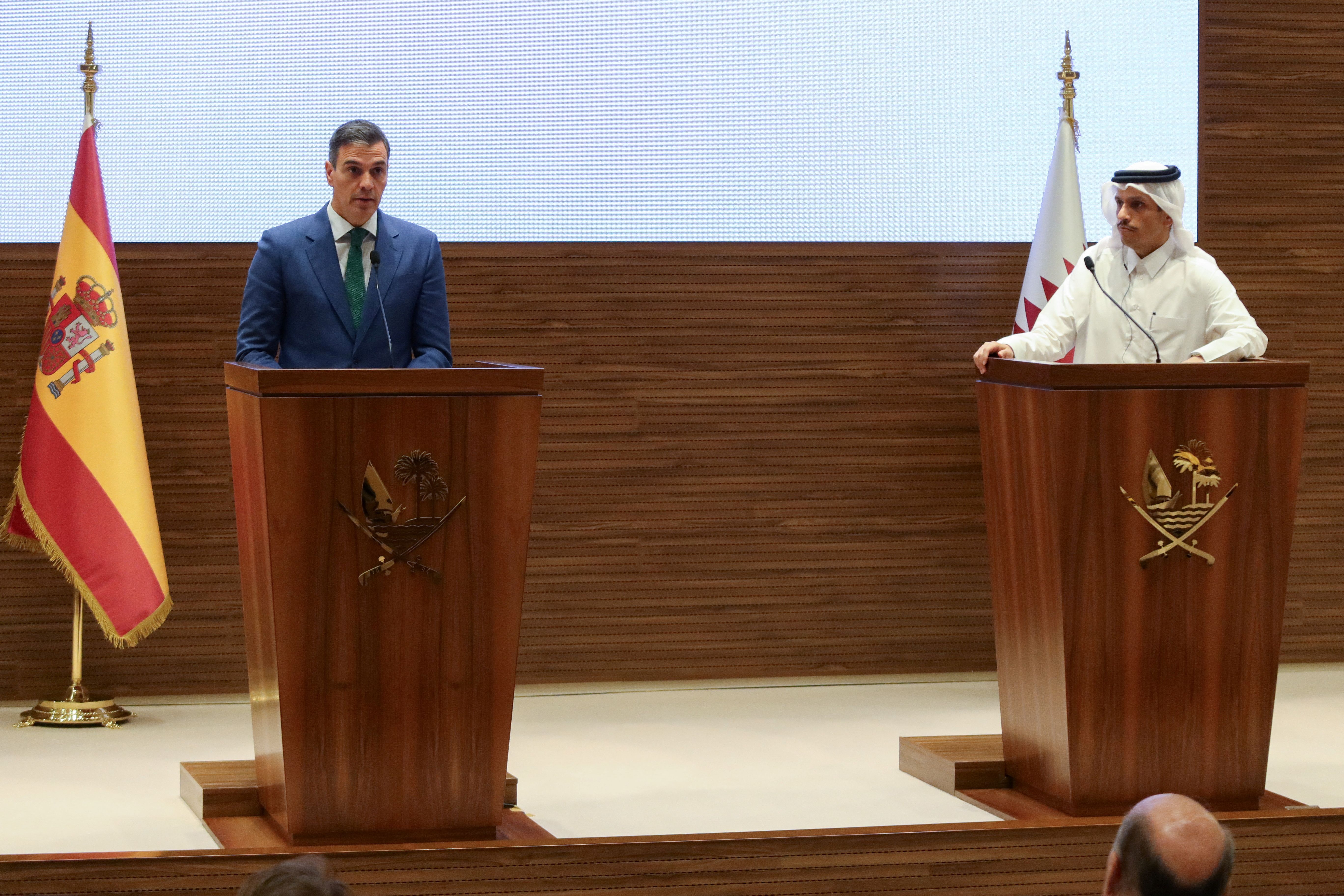 File photo: Qatar’s Prime Minister and Foreign Minister Sheikh Mohammed Bin Abdulrahman al-Thani and Spain’s Prime Minister Pedro Sanchez hold joint a press conference in Doha, Qatar, April 3, 2024. REUTERS/Imad Creidi