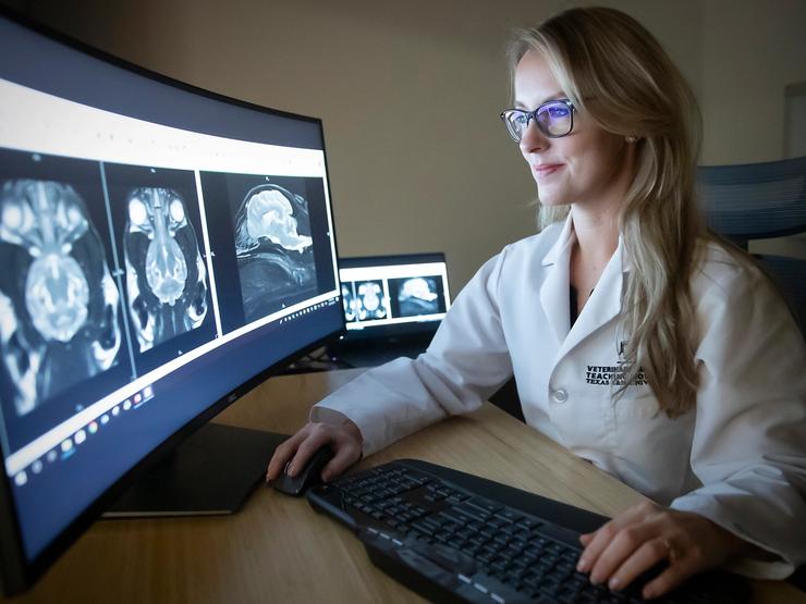 A woman looking at scans
