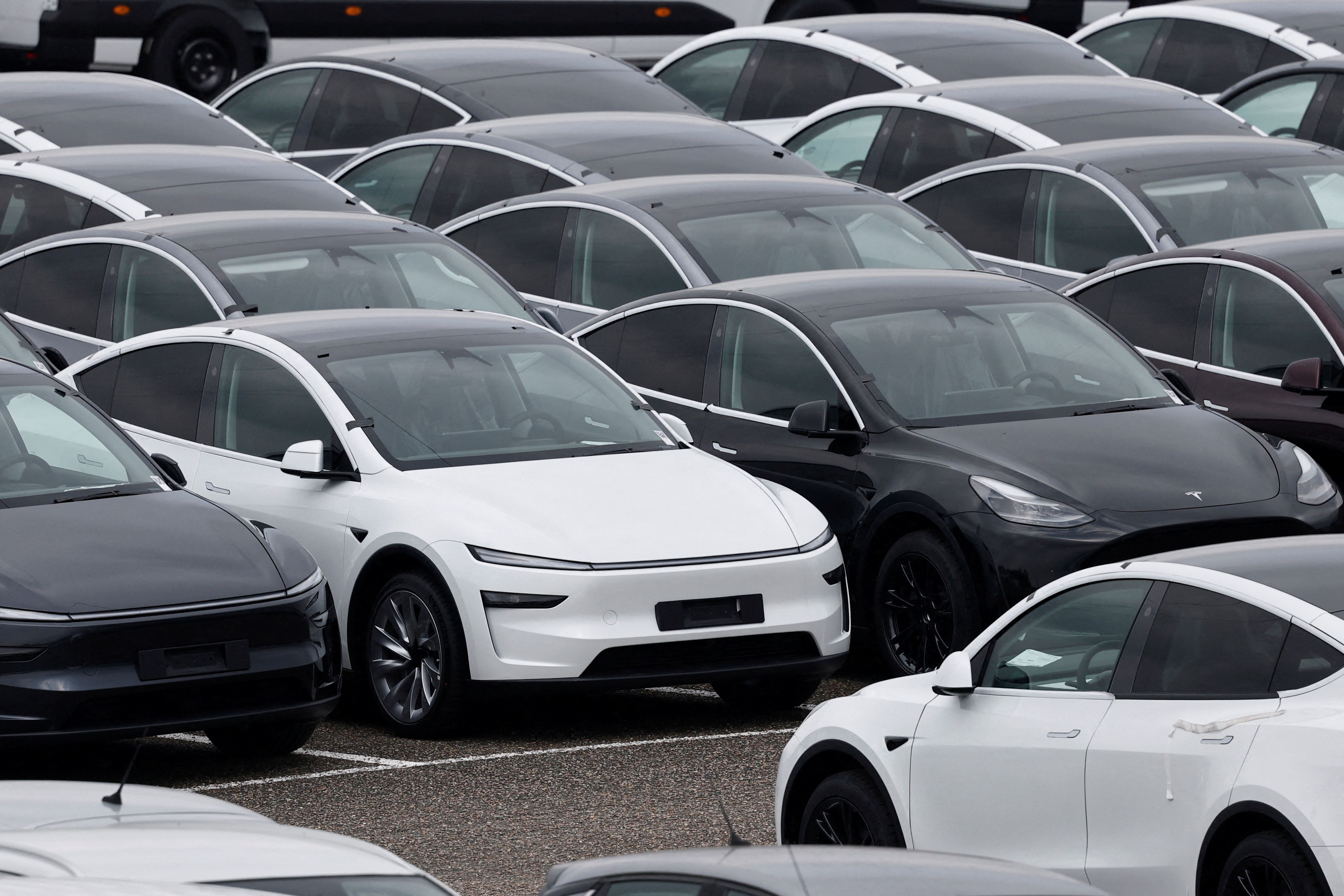  Tesla electric vehicles are pictured at one of the company’s delivery centers in Valenton, near Paris, France, April 24, 2025. 
