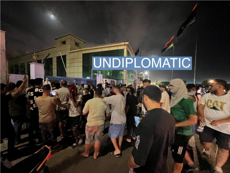 Demonstrators gather in front of the state broadcaster’s building in protest against the meeting which was held last week in Italy between foreign affairs ministers of Libya and Israel, in Tripoli, Libya, August 29, 2023. REUTERS /Ayman al-Sahili