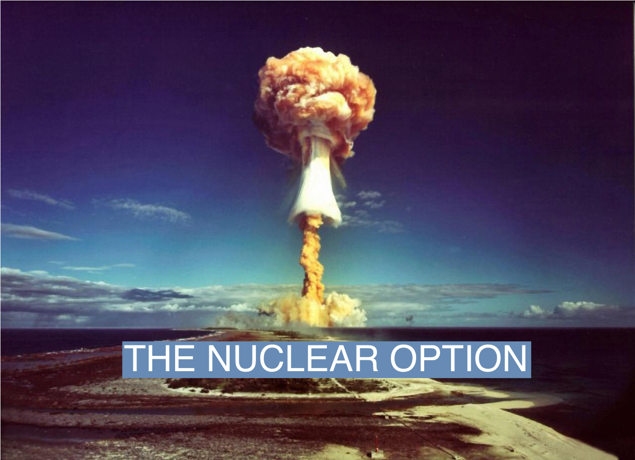 A mushroom cloud after the explosion of a French atomic bomb above the atoll of Mururoa, also known as Aopuni, in 1971.