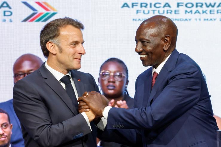 French President Emmanuel Macron and Kenya’s President William Ruto shake hands during the “Africa Forward Summit 2026 in Nairobi, Kenya, May 11, 2026.