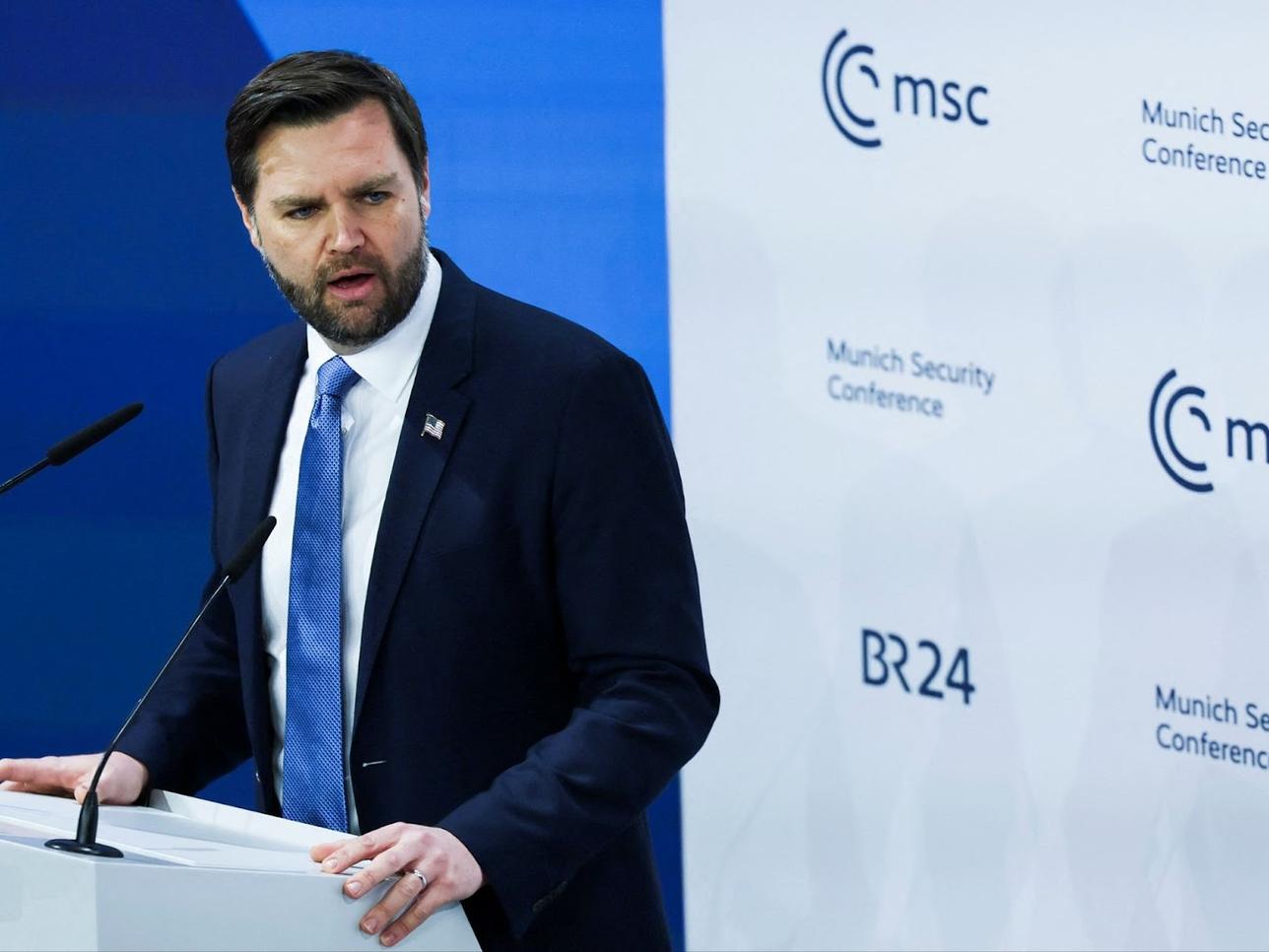 US Vice President JD Vance gives a speech at the Munich Security Conference in Munich, February 14, 2025.