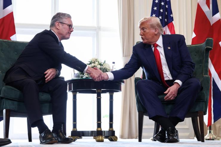 President Donald Trump and British Prime Minister Keir Starmer shake hands in Scotland.