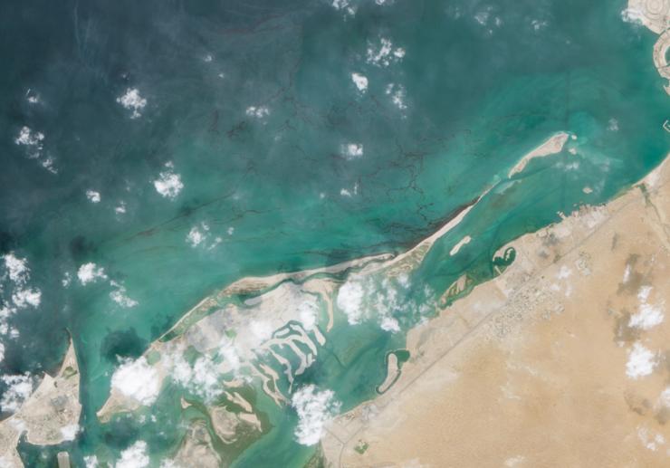 Satellite imagery shows an oil spill from a damaged tanker vessel near UAE shores, Oct. 24, 2026.