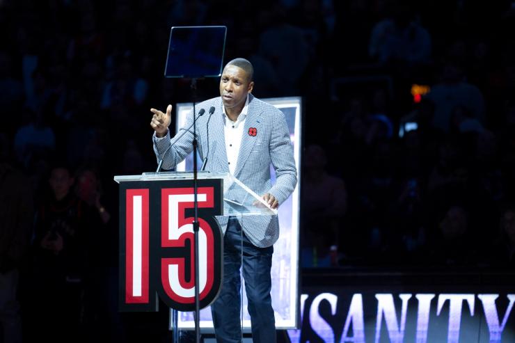 Masai Ujiri, president of the Toronto Raptors, speaks during the jersey retirement ceremony for Vince Carter, a former player of the Toronto Raptors, at the Scotiabank Arena in 2024.