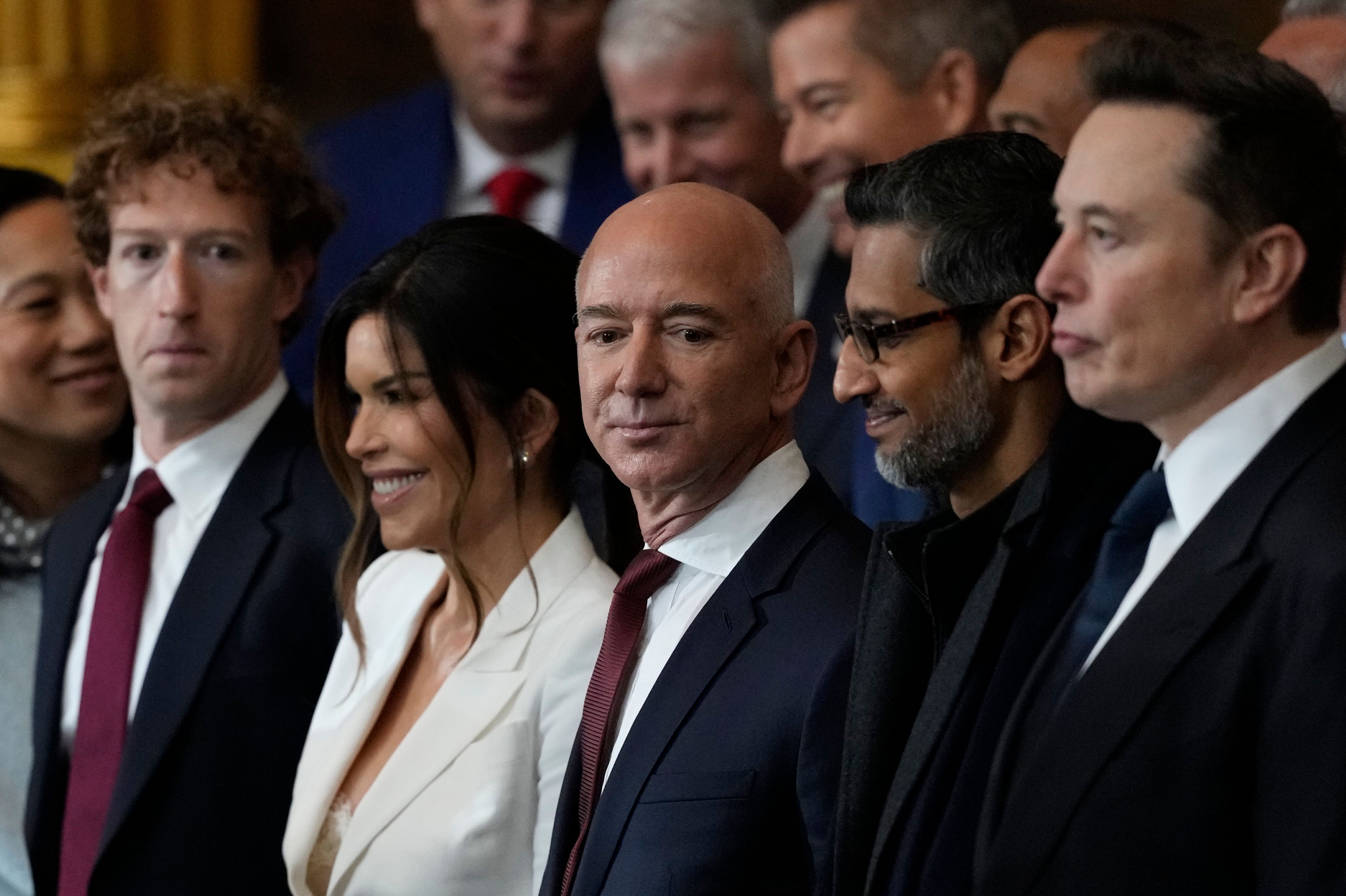 Mark Zuckerberg, Lauren Sanchez, Jeff Bezos, Sundar Pichai and Elon Musk attend the Inauguration of Donald J. Trump in the U.S. Capitol Rotunda on January 20, 2025 in Washington, DC.