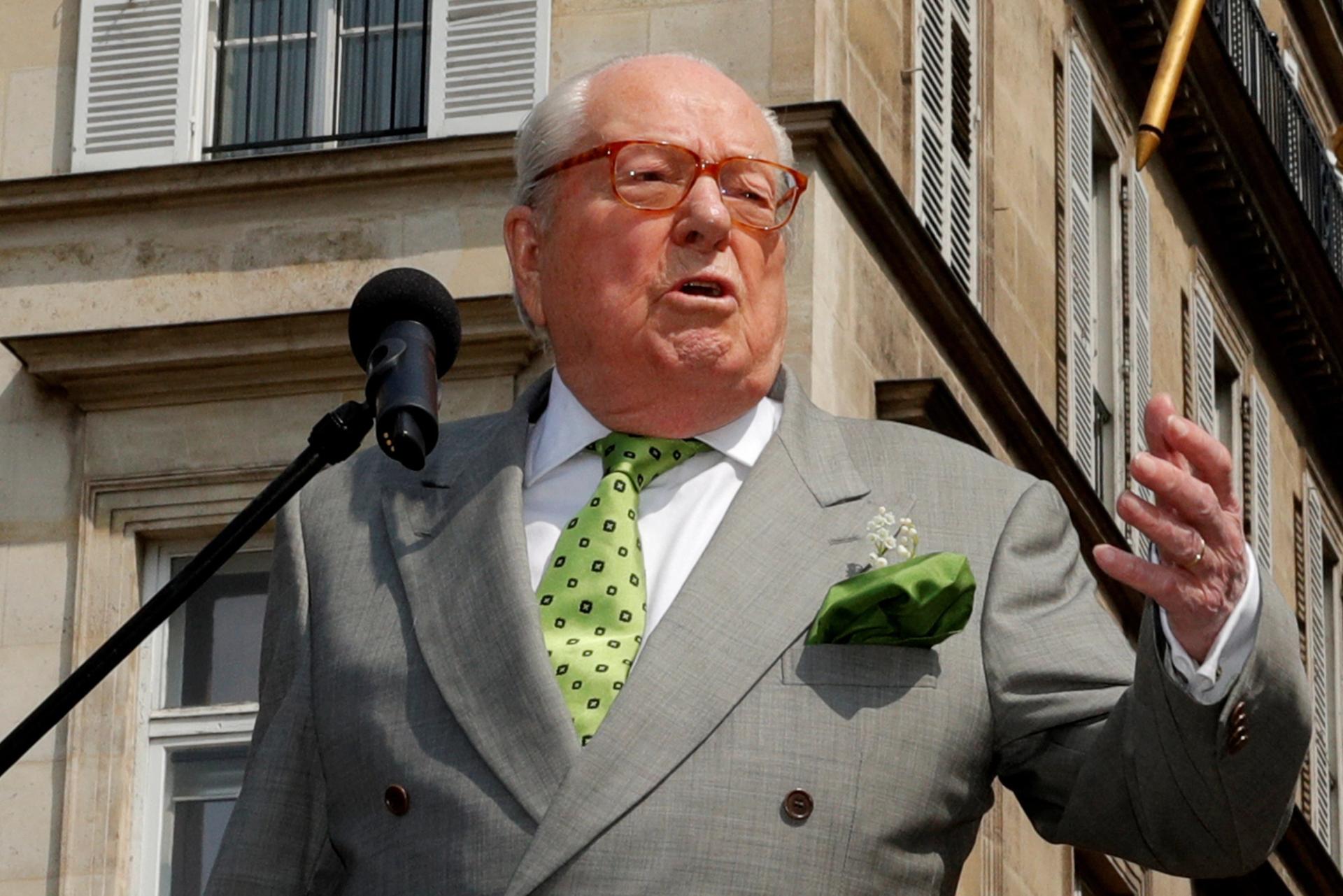 Jean-Marie Le Pen delivers a speech in front of the statue of Jeanne d’Arc in Paris. 