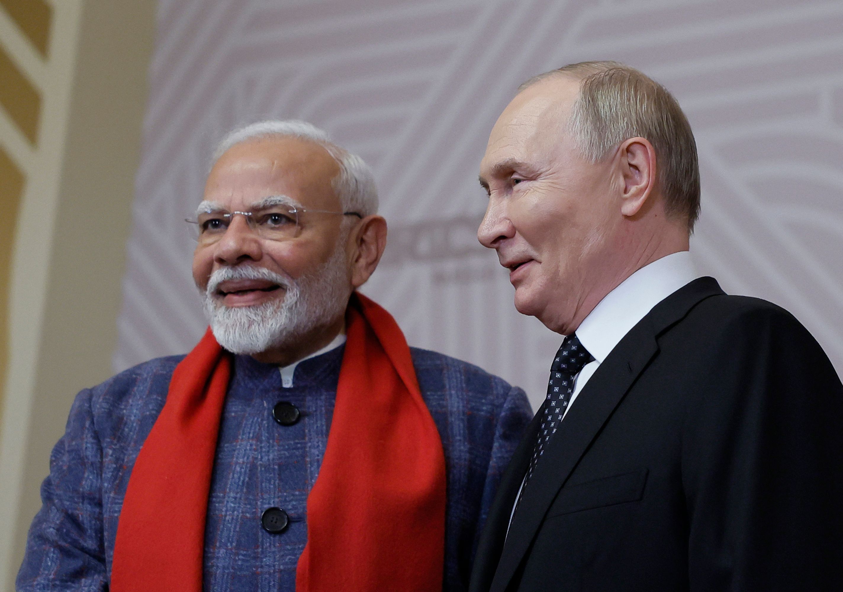 Russian President Vladimir Putin greets Indian Prime Minister Narendra Modi in 2024.