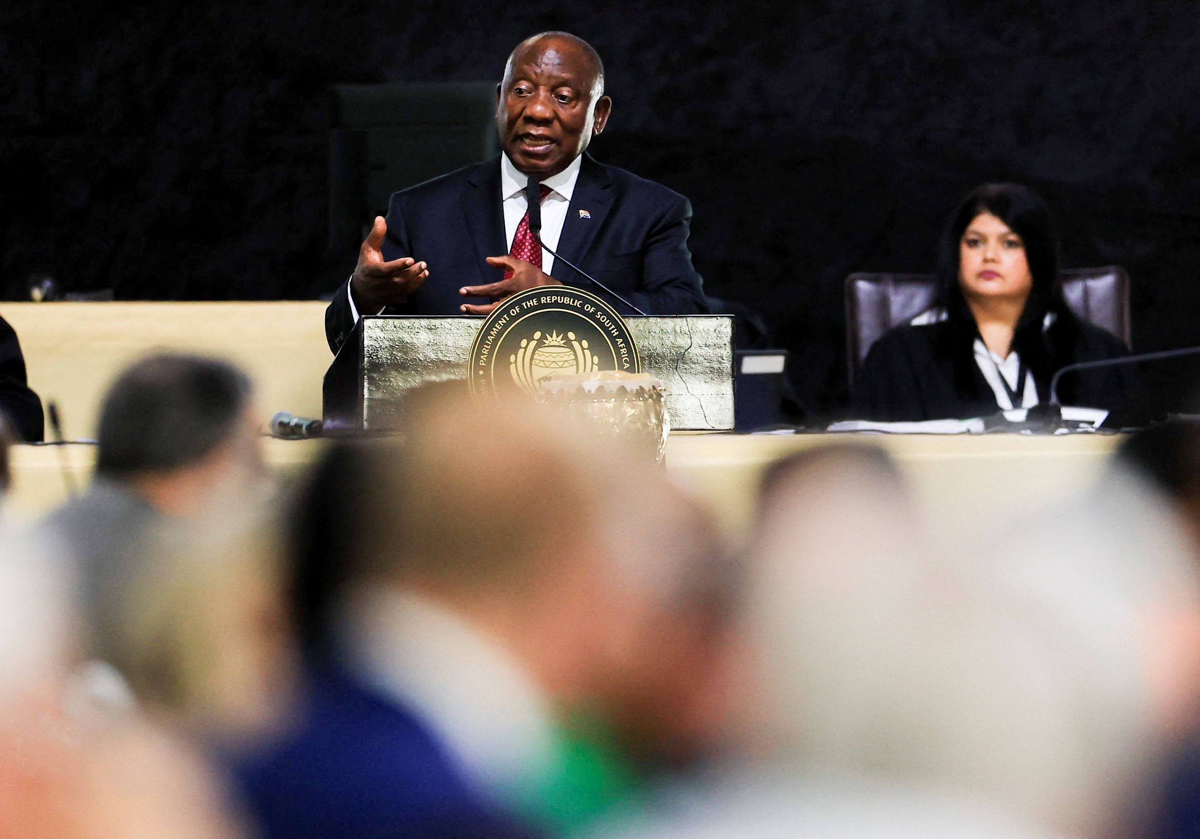 South African President Cyril Ramaphosa answers lawmakers’ questions at the parliament.