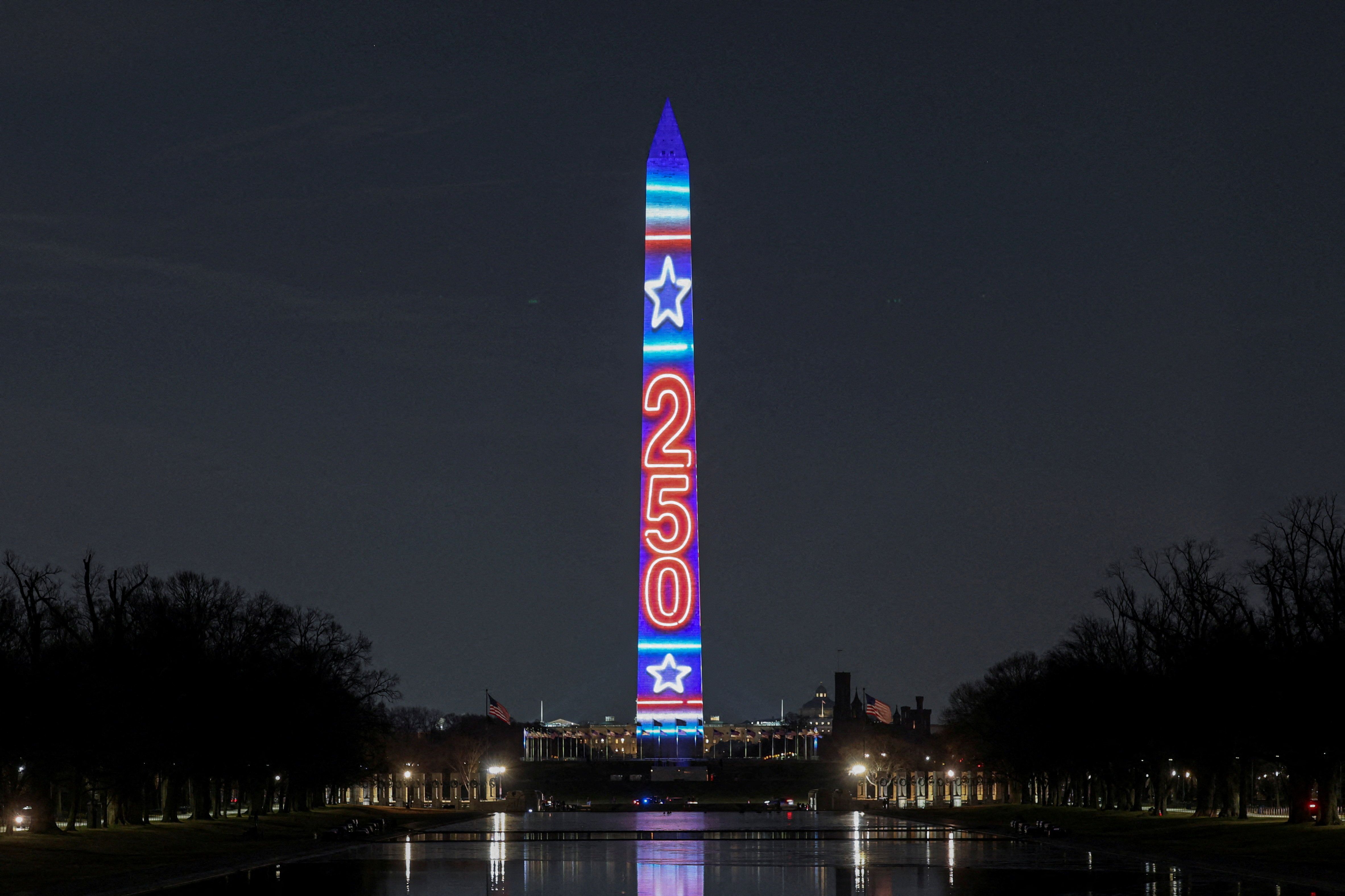 The Washington Monument all lit up 