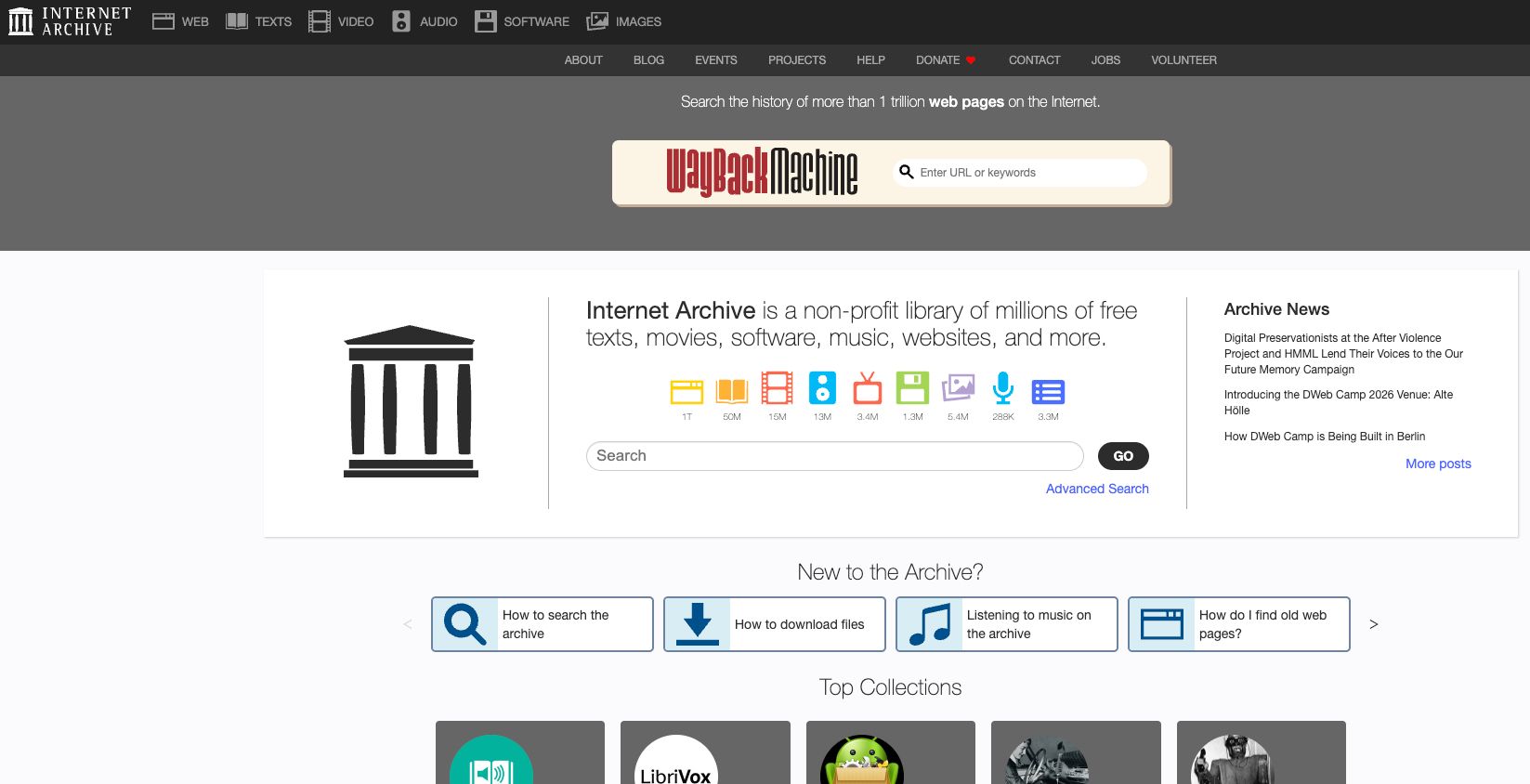 The Internet Archive homepage