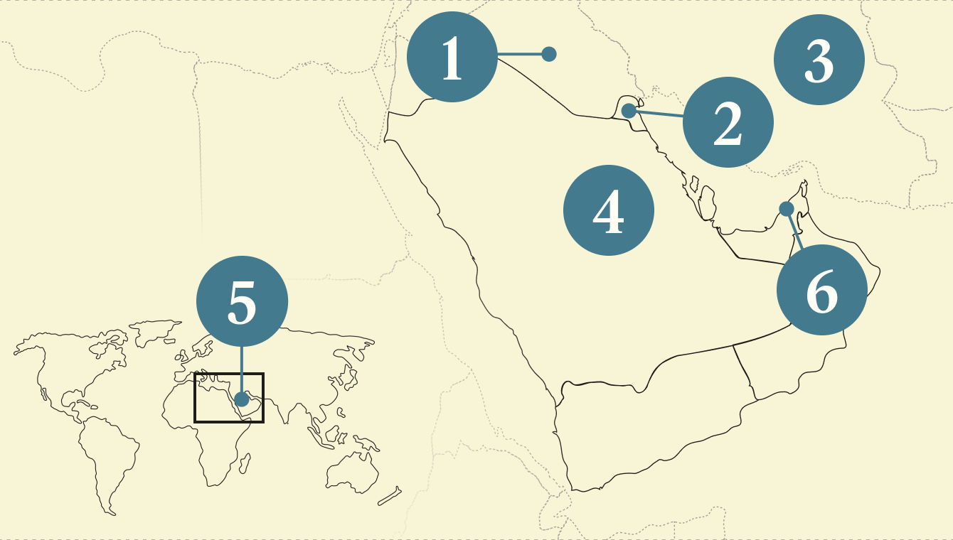 A numbered map of the Gulf region.
