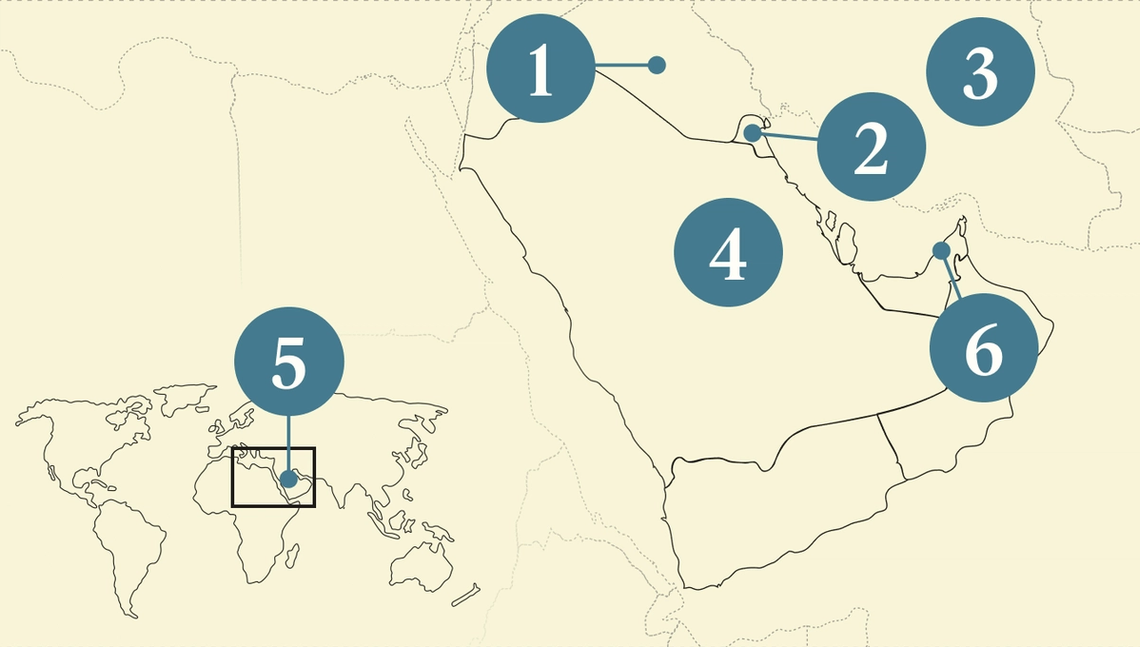 A numbered map of the Gulf region.