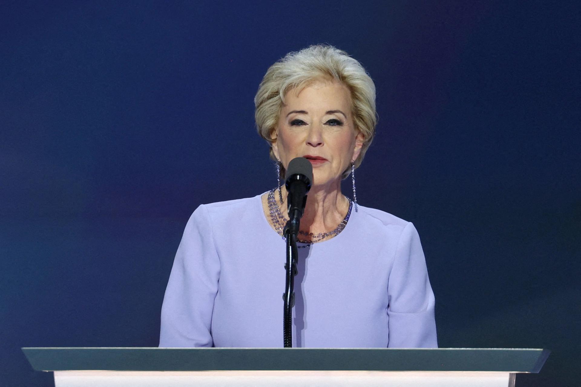  Linda McMahon, former administrator of the Small Business Administration, speaks on Day 4 of the Republican National Convention (RNC).