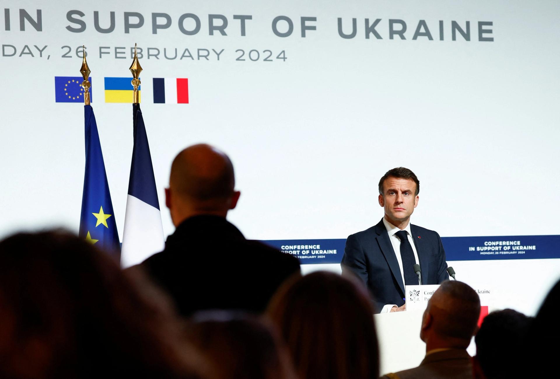 French President Emmanuel Macron speaks during a press conference at the end of the conference in support of Ukraine, with European leaders and government representatives, at the Elysee Palace in Paris, France, February 26, 2024. REUTERS/Gonzalo Fuentes/Pool