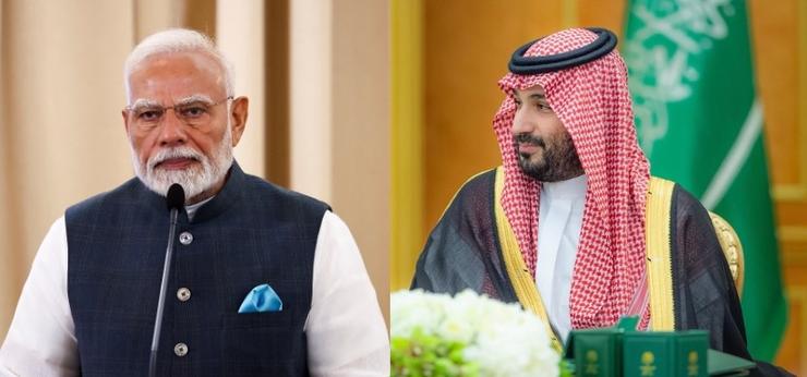 Left: India’s Prime Minister Narendra Modi attends a press conference with Thailand’s Prime Minister Paetongtarn Shinawatra at the Government House. Right: Saudi Crown Prince Mohammed bin Salman.