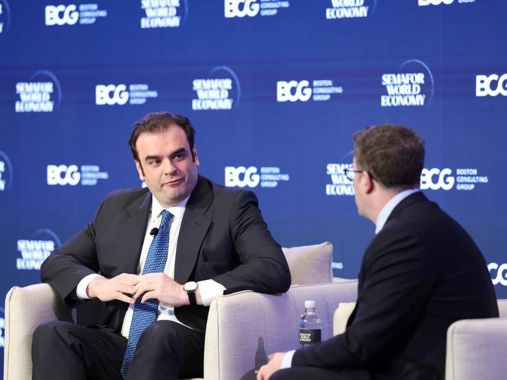 L-R) Kyriakos Pierrakakis (Minister of Economy & Finance, Greece; President of the Eurogroup - Greek Finance Minister) and Ben Smith (Co-Founder & Editor-in-Chief - Semafor) speak on stage during Semafor World Economy 2026 on April 14, 2026.