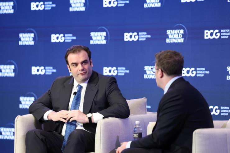 L-R) Kyriakos Pierrakakis (Minister of Economy & Finance, Greece; President of the Eurogroup - Greek Finance Minister) and Ben Smith (Co-Founder & Editor-in-Chief - Semafor) speak on stage during Semafor World Economy 2026 on April 14, 2026.