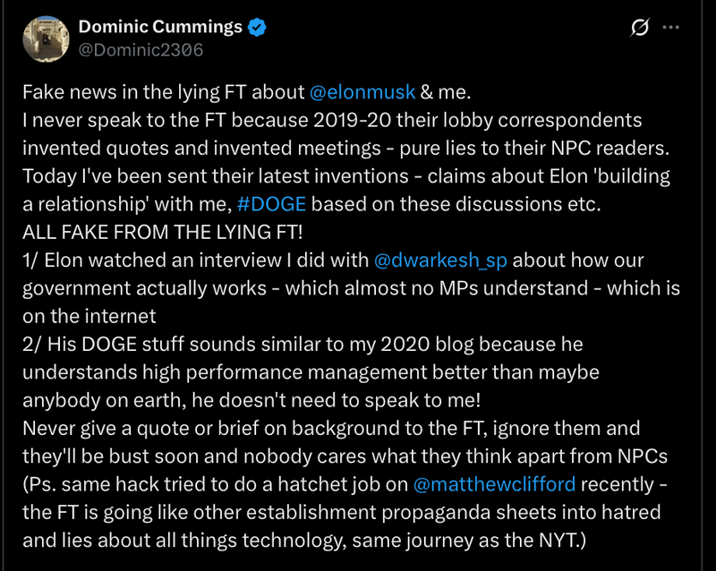 A screengrab of a tweet by Dominic Cummings