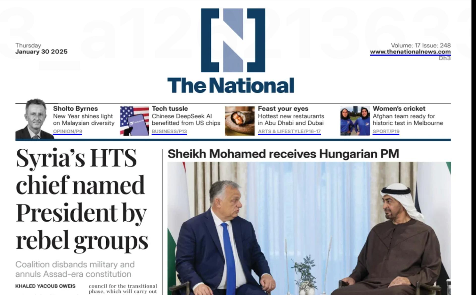 Front page of The National, Jan 30