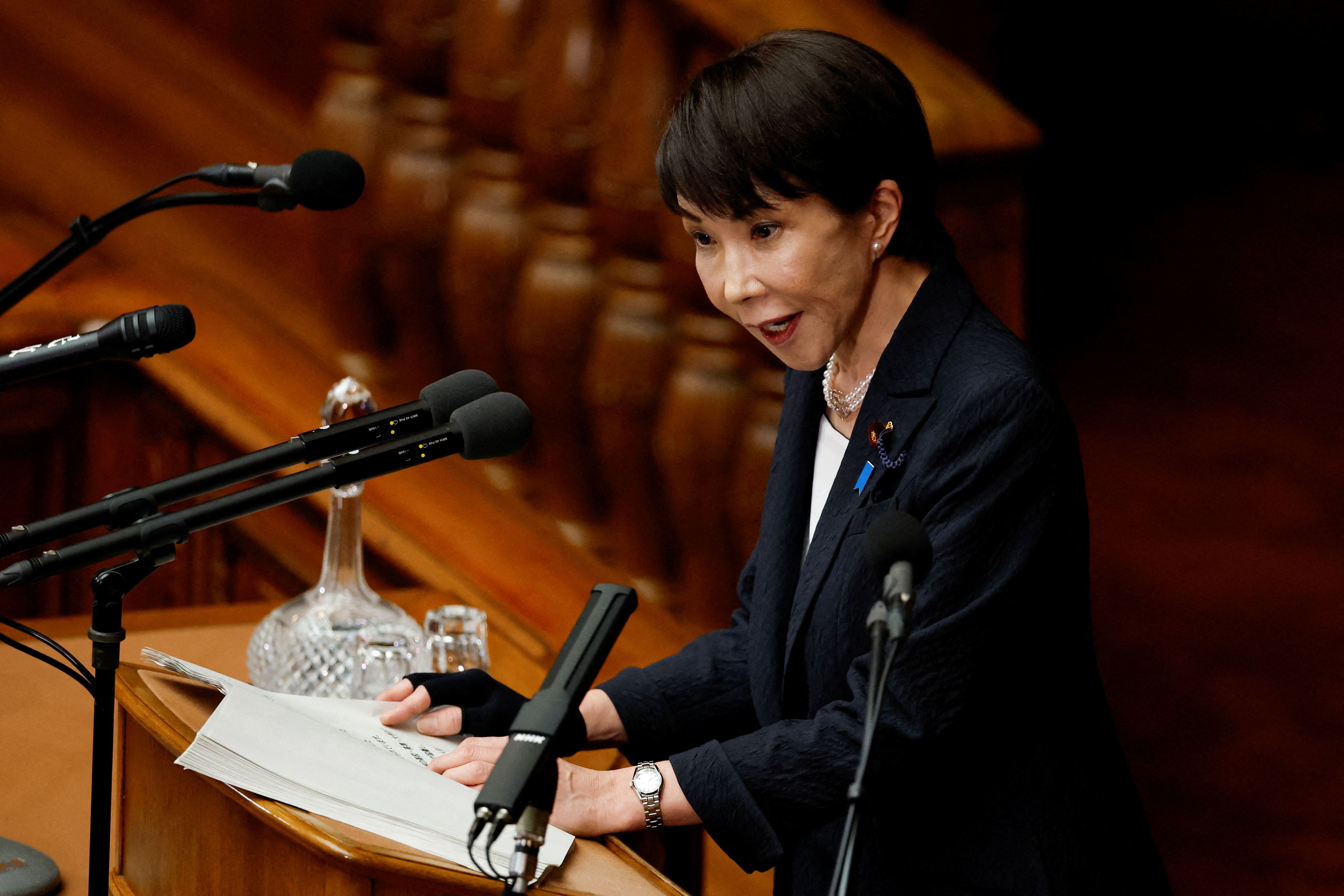 Japan’s Prime Minister Sanae Takaichi delivers her policy speech in the parliament.