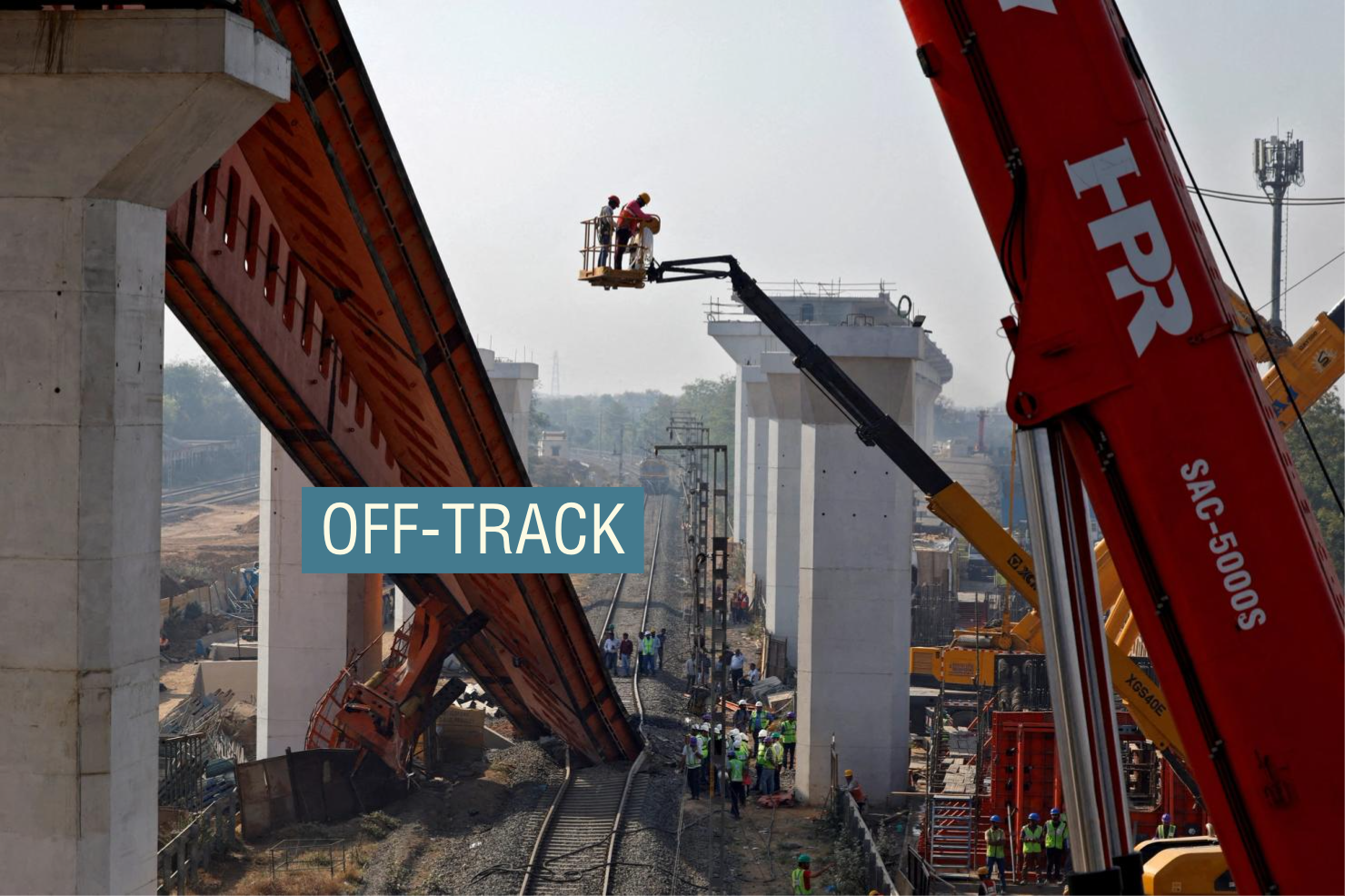 Collapsed high speed rail repairs on the outskirts of Ahmedabad, India. 