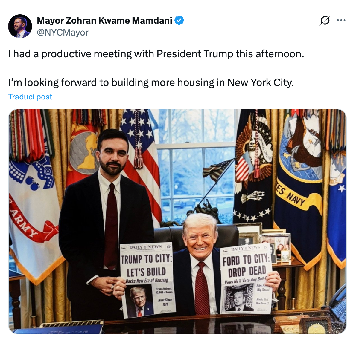 Una captura de pantalla de una publicación en X del alcalde de Nueva York, Zohran Mamdani.