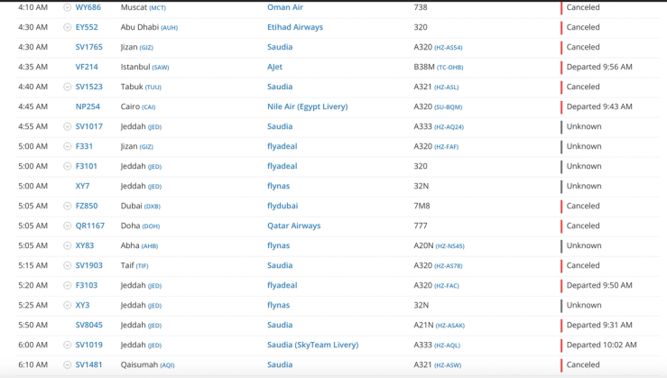 Screenshot of flight status in Riyadh in March 2026.