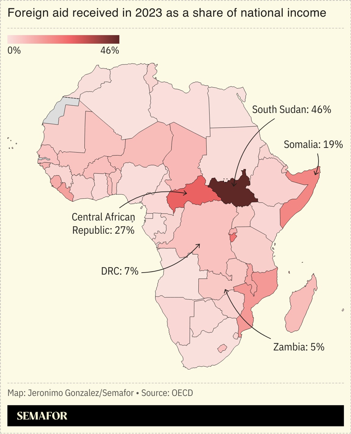A map showing foreign aid received in Africa.