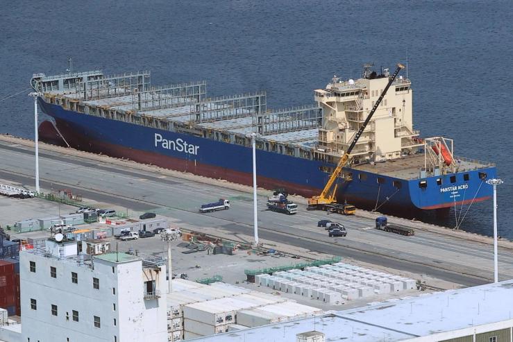 PanStar Acros, a container ship bound for Europe via the Arctic, anchored in Busan, South Korea.