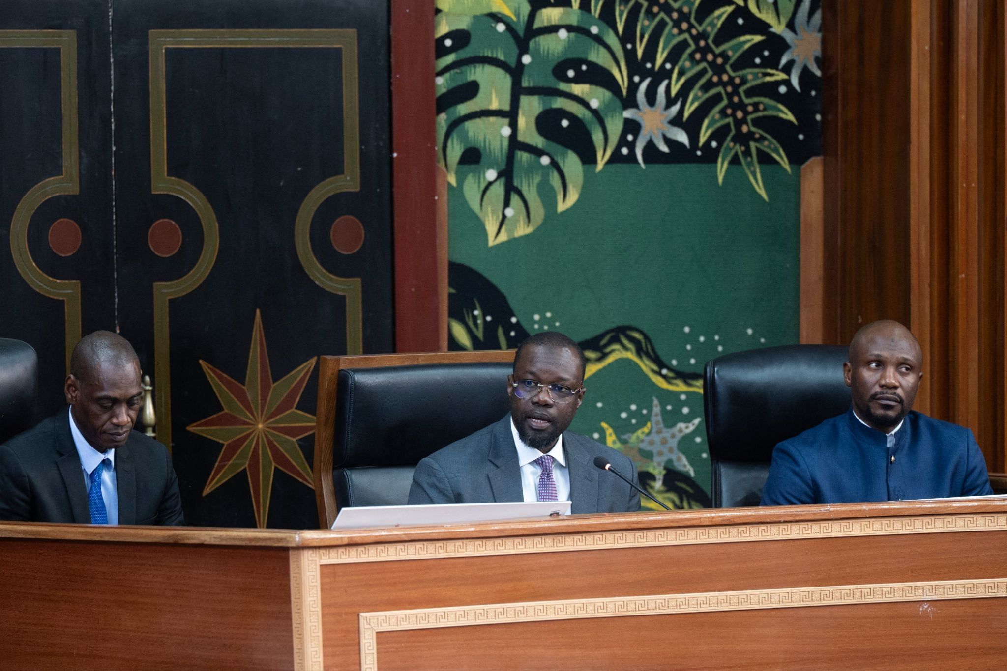 Ousmane Sonko (center) delivers his first speech as the new Speaker of the National Assembly.