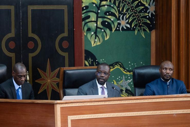 Ousmane Sonko (center) delivers his first speech as the new Speaker of the National Assembly.