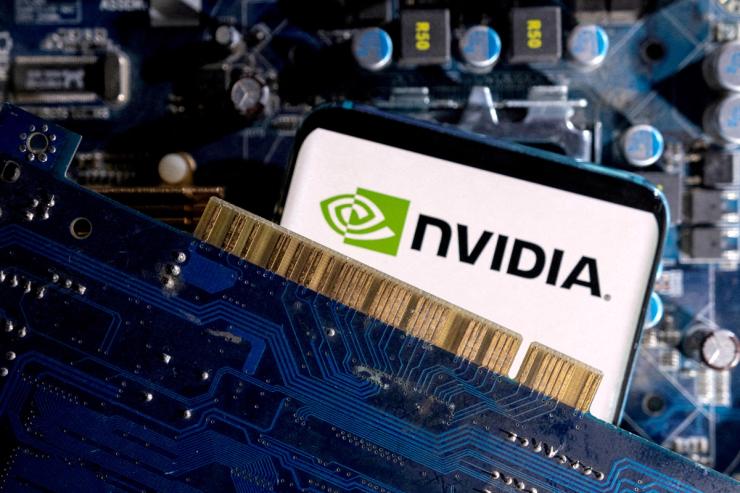 A smartphone with a displayed Nvidia logo is placed on a computer board in an illustration