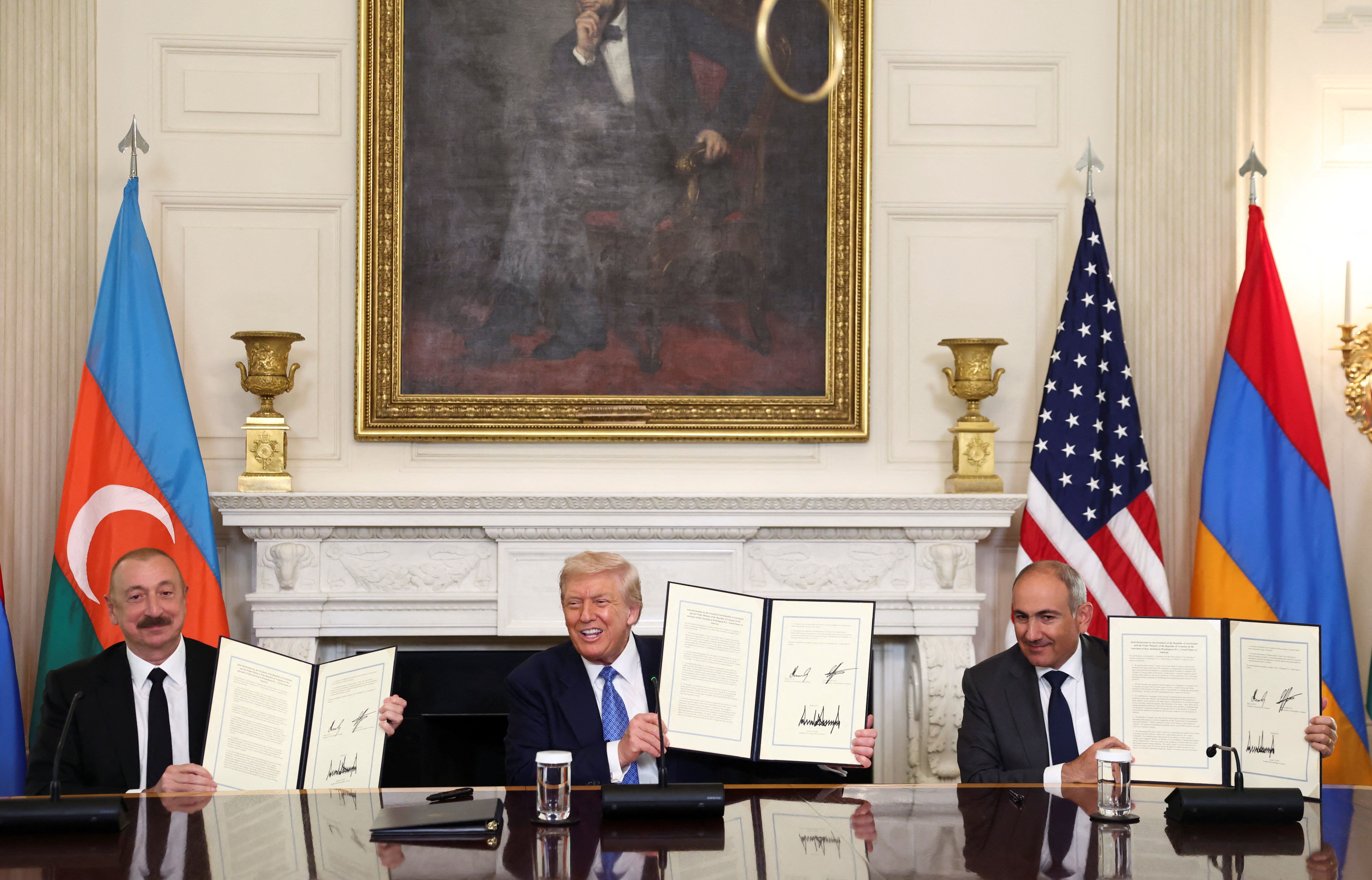 President Donald Trump, Azerbaijan’s President Ilham Aliyev, and Armenia’s Prime Minister Nikol Pashinyan