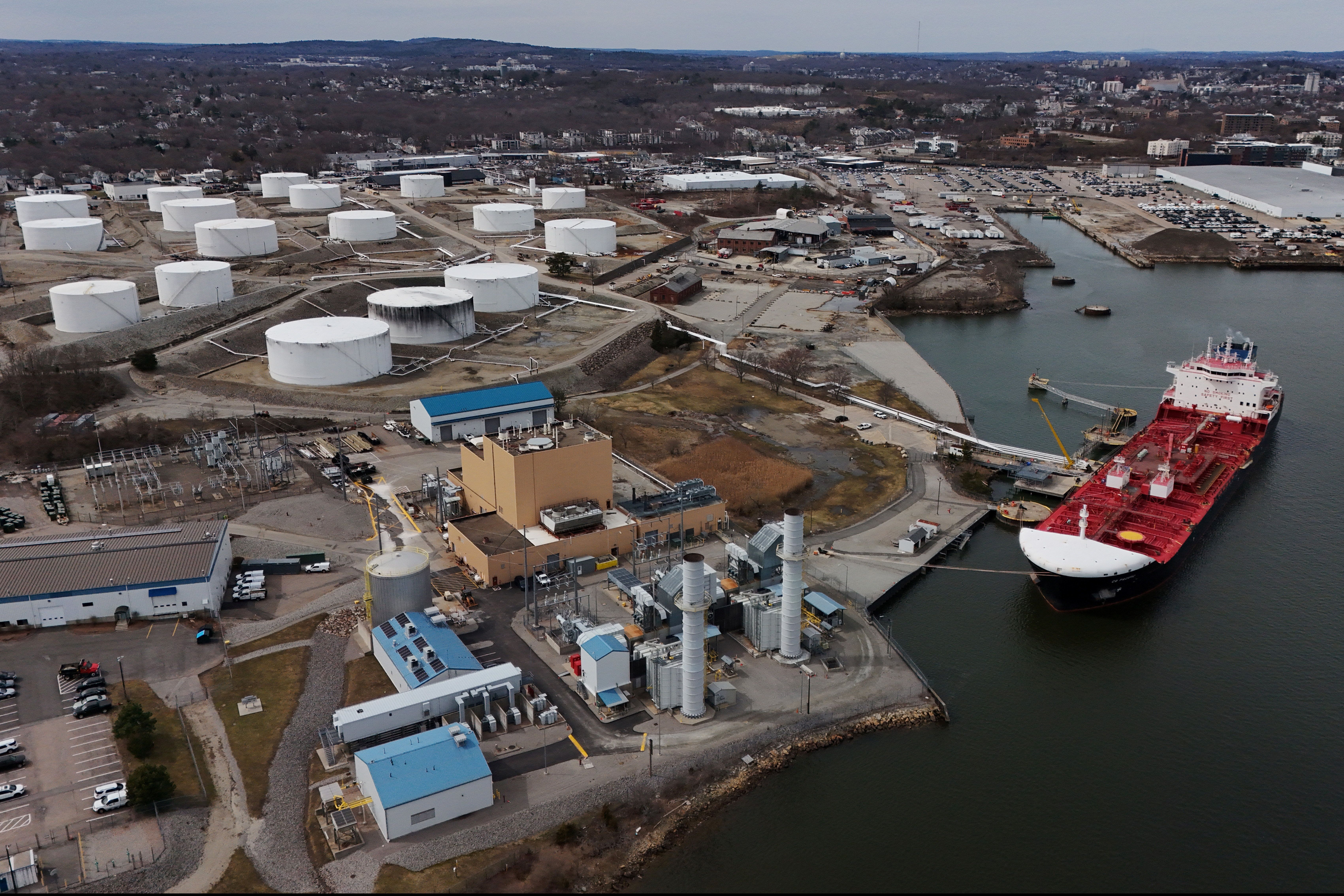 Petroleum tanker ship at terminal in Braintree, Massachusetts