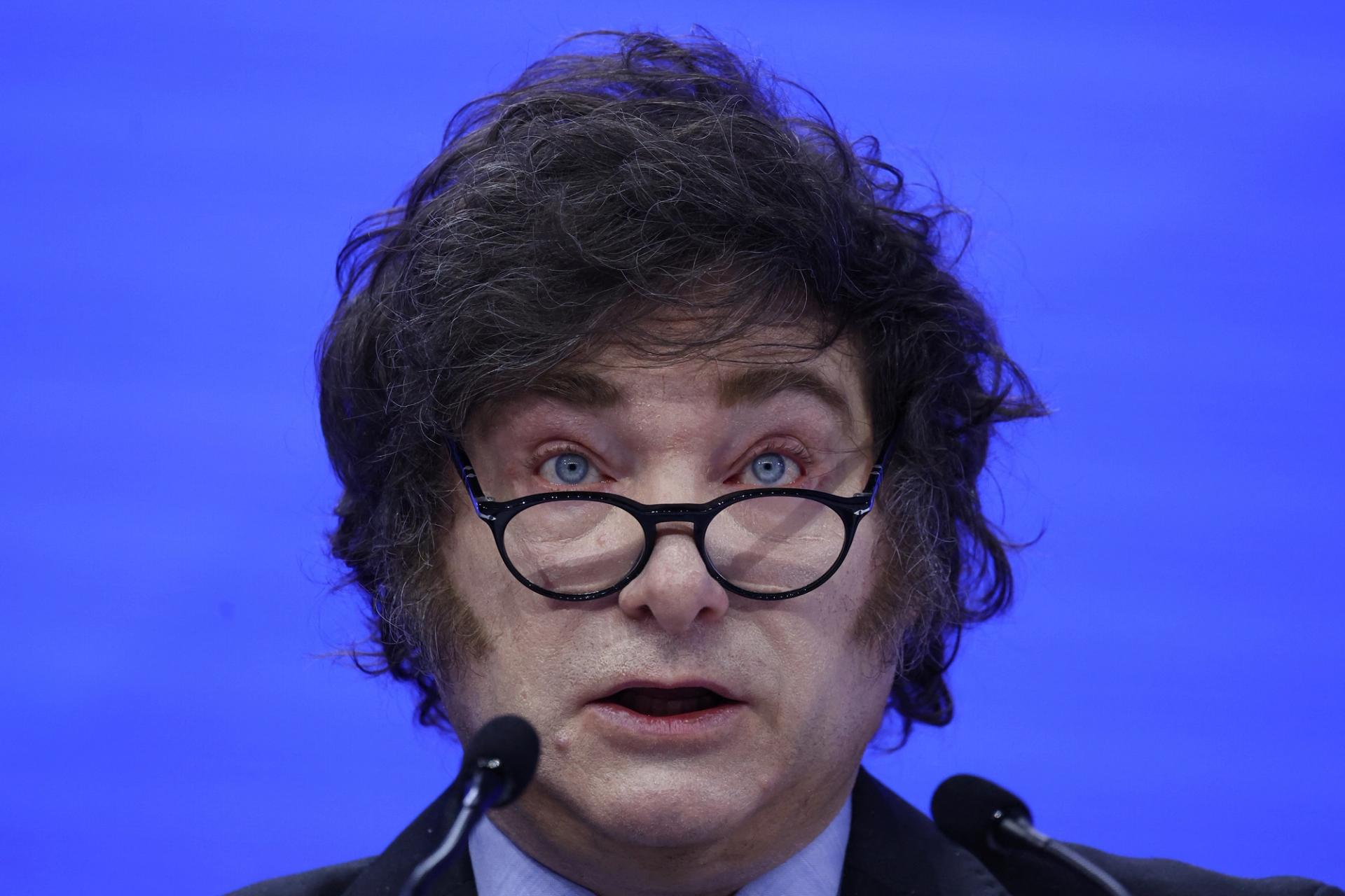 Argentina’s President Javier Milei makes an address during the World Economic Forum (WEF) meeting in Davos, Switzerland.