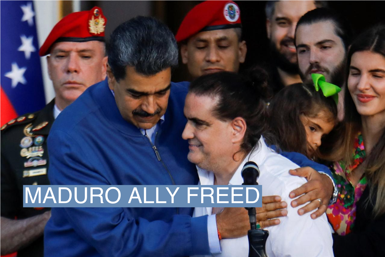 Venezuelan President Nicolás Maduro embraces Alex Saab, who was facing U.S. bribery charges, after he was released by the U.S. government, at the Miraflores Palace, in Caracas, Venezuela, December 20, 2023