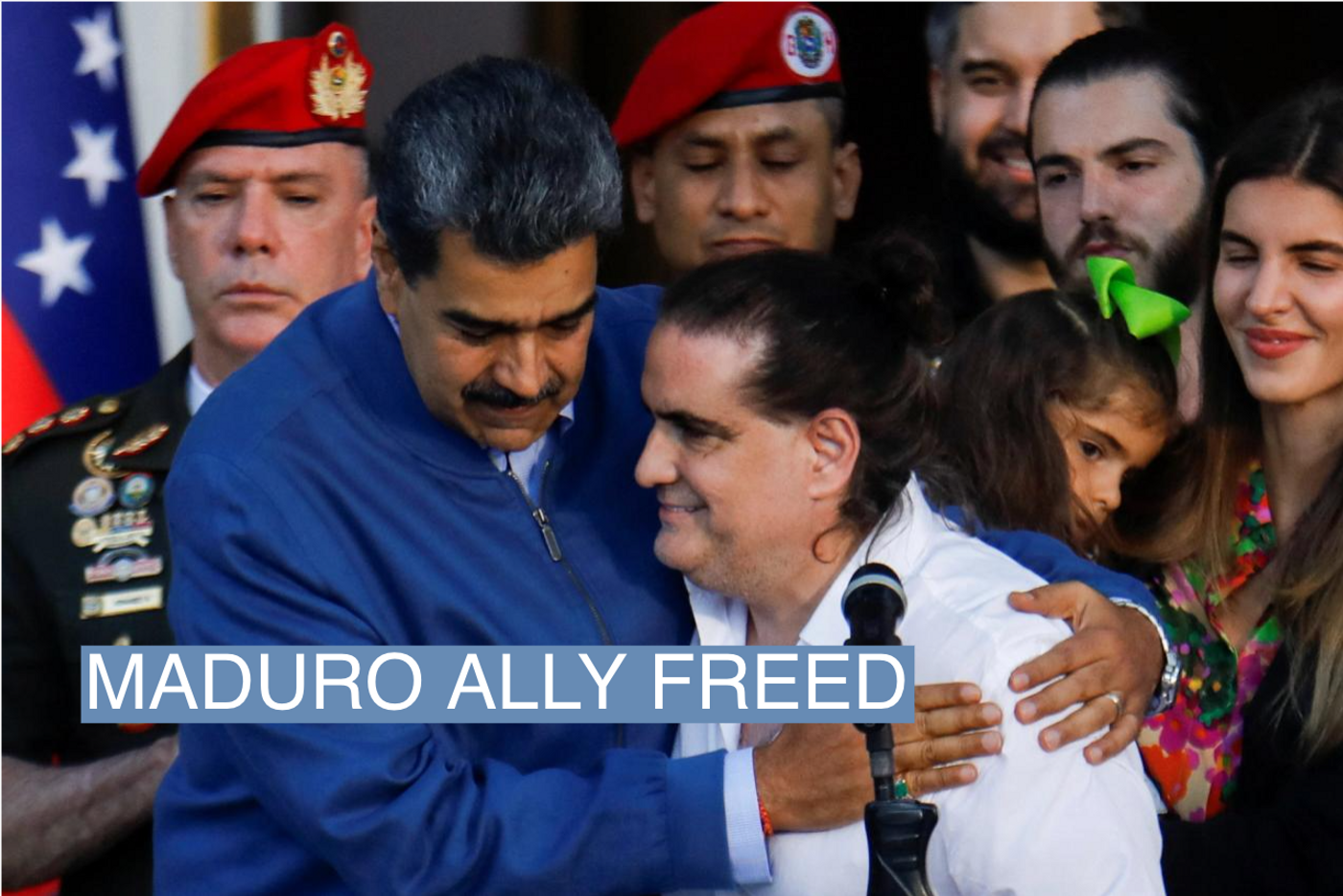 Venezuelan President Nicolás Maduro embraces Alex Saab, who was facing U.S. bribery charges, after he was released by the U.S. government, at the Miraflores Palace, in Caracas, Venezuela, December 20, 2023