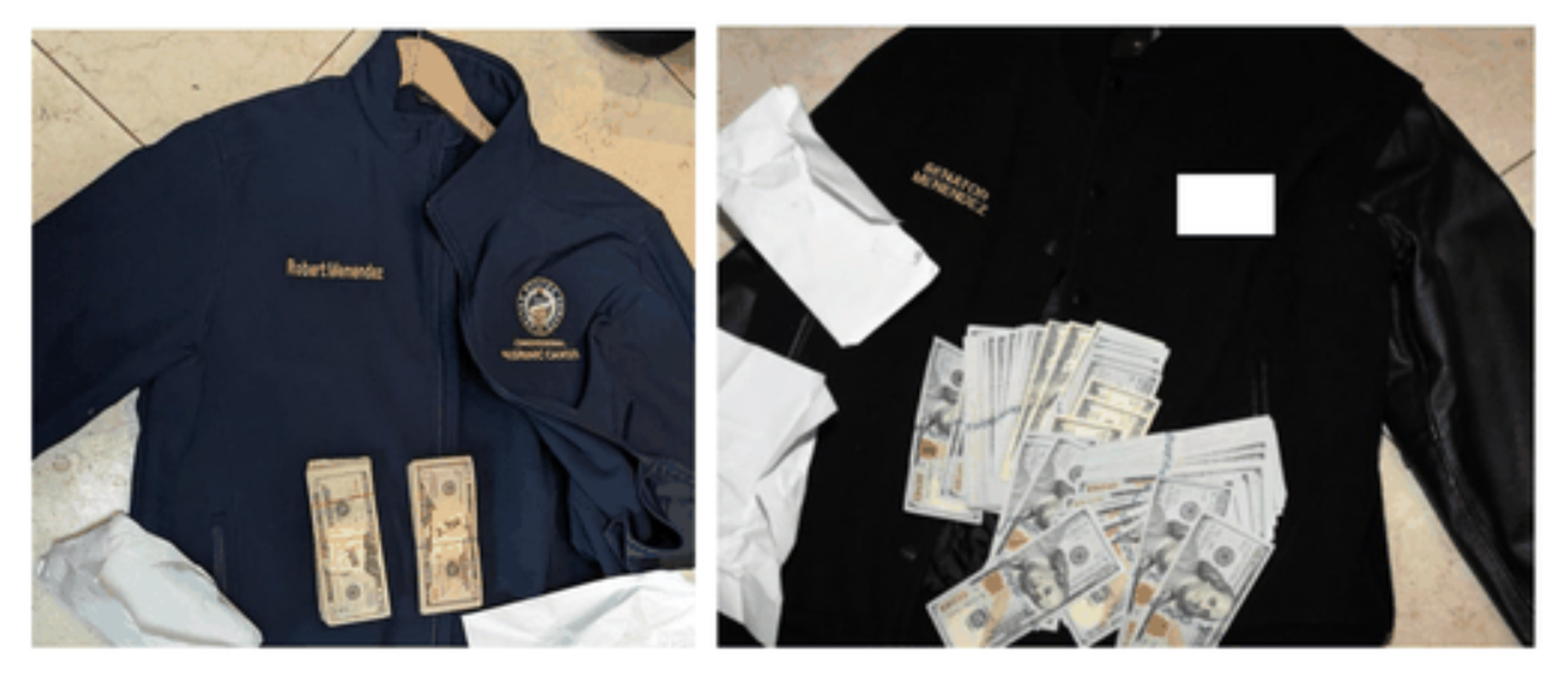 The jackets showing the cash allegedly found at Menendez's home.