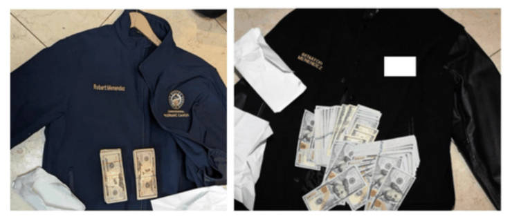 The jackets showing the cash allegedly found at Menendez’s home.