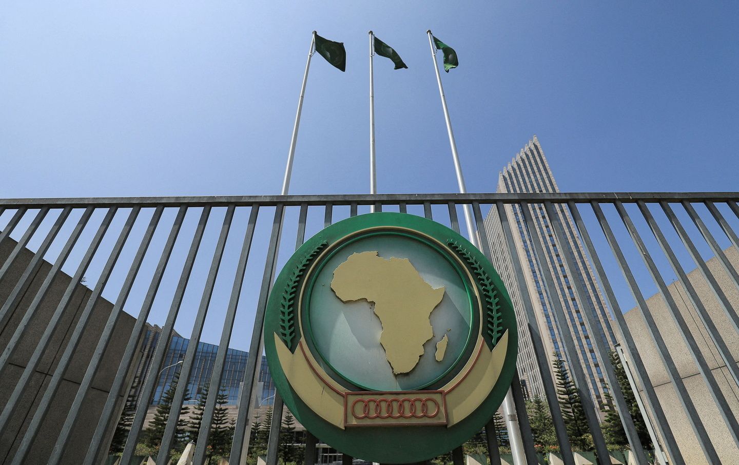 The African Union logo is seen outside the AU headquarters.