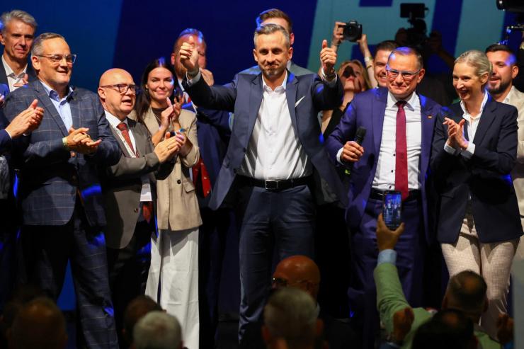 Top candidate of the far-right Alternative for Germany (AfD) Ulrich Siegmund gestures at the AfD election party