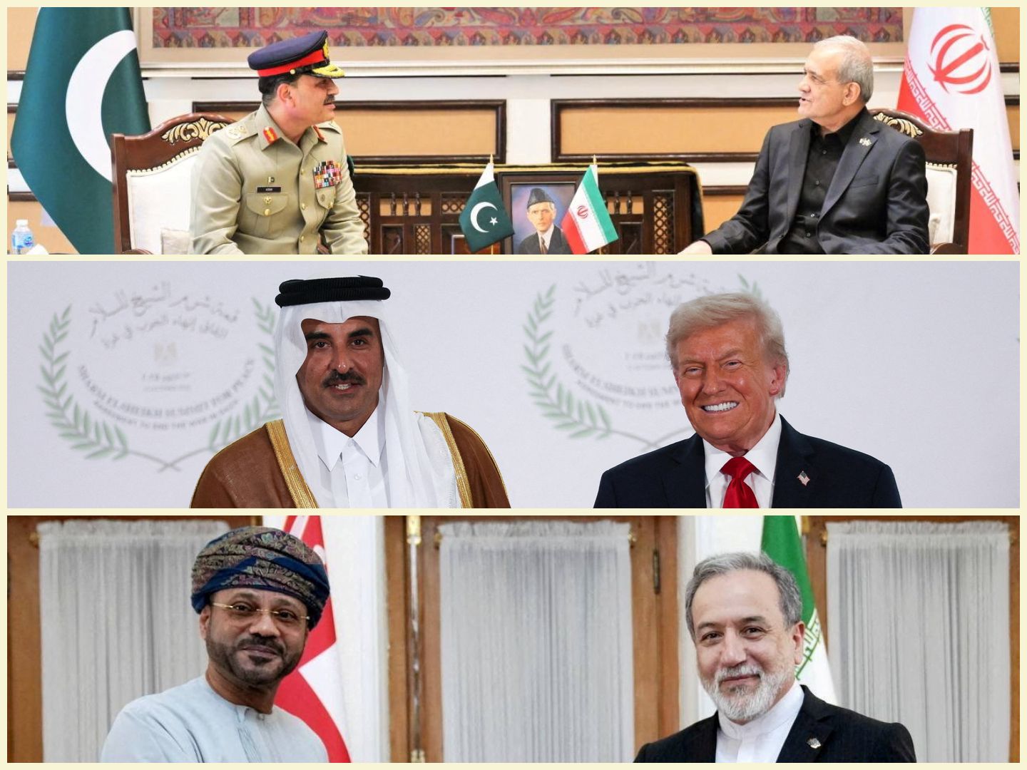 A collage of Omani, Pakistani, Qatari, and Iranian leaders plus Donald Trump