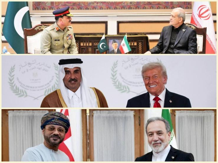 A collage of Omani, Pakistani, Qatari, and Iranian leaders plus Donald Trump