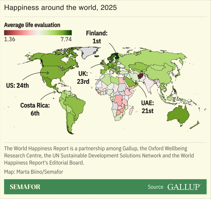 A map showing the world happiness report in 2025.