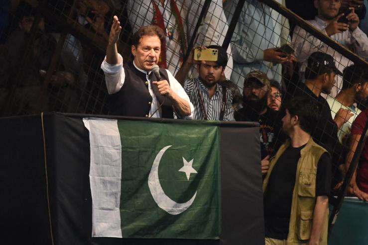 Pakistan’s former Prime Minister Imran Khan delivers a speech to his supporters on Aug. 13, 2022. Khan is currently jailed.
