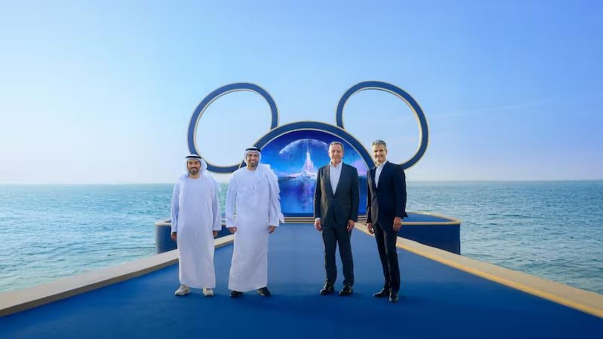 From left, Mohamed Al Zaabi, group CEO of Miral; Mohamed Al Mubarak, chairman of DCT Abu Dhabi; Bob Iger, CEO of Disney; and Walt Disney Parks and Resorts chairman Josh D’Amaro in Abu Dhabi.