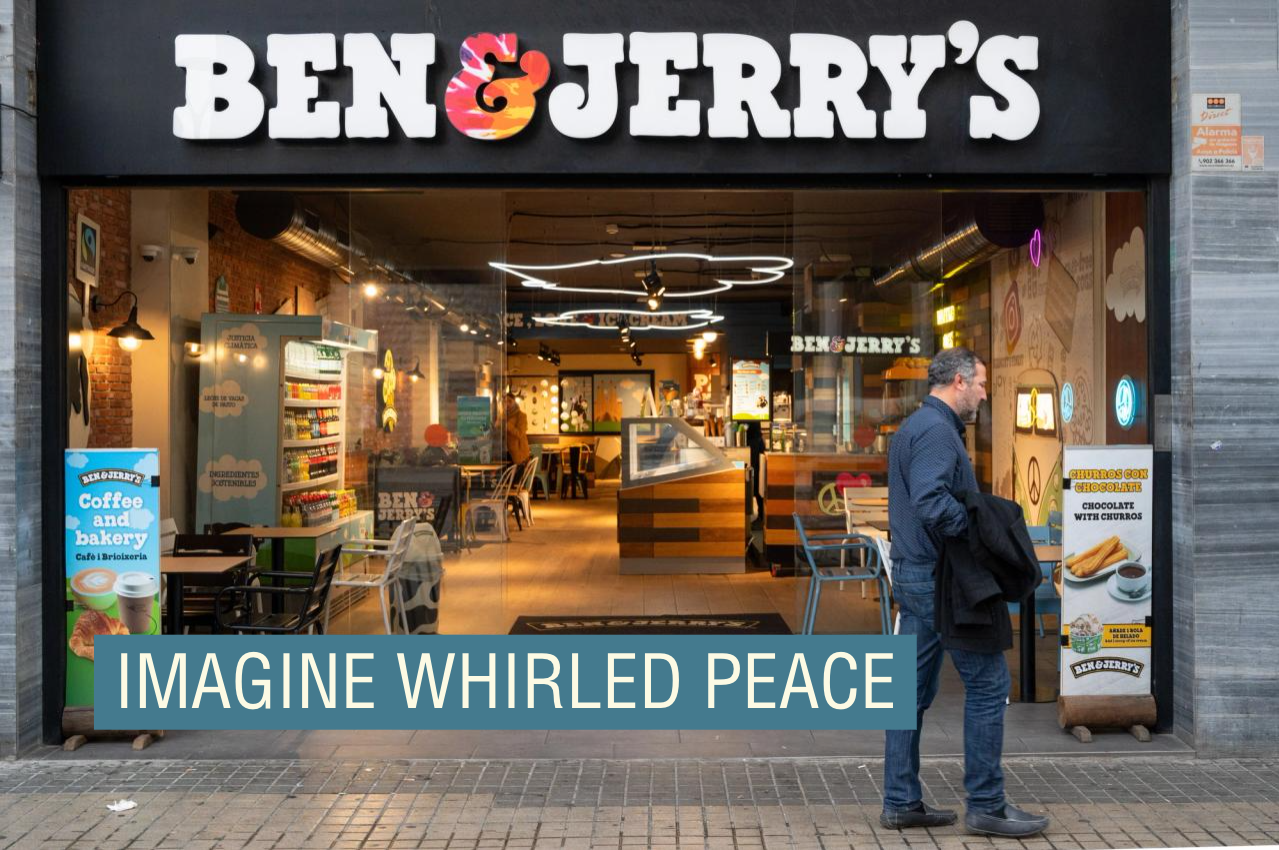 A man is seen in front of the American company that manufactures ice cream, frozen yogurt, and sorbet, Ben & Jerry’s, in Spain. 